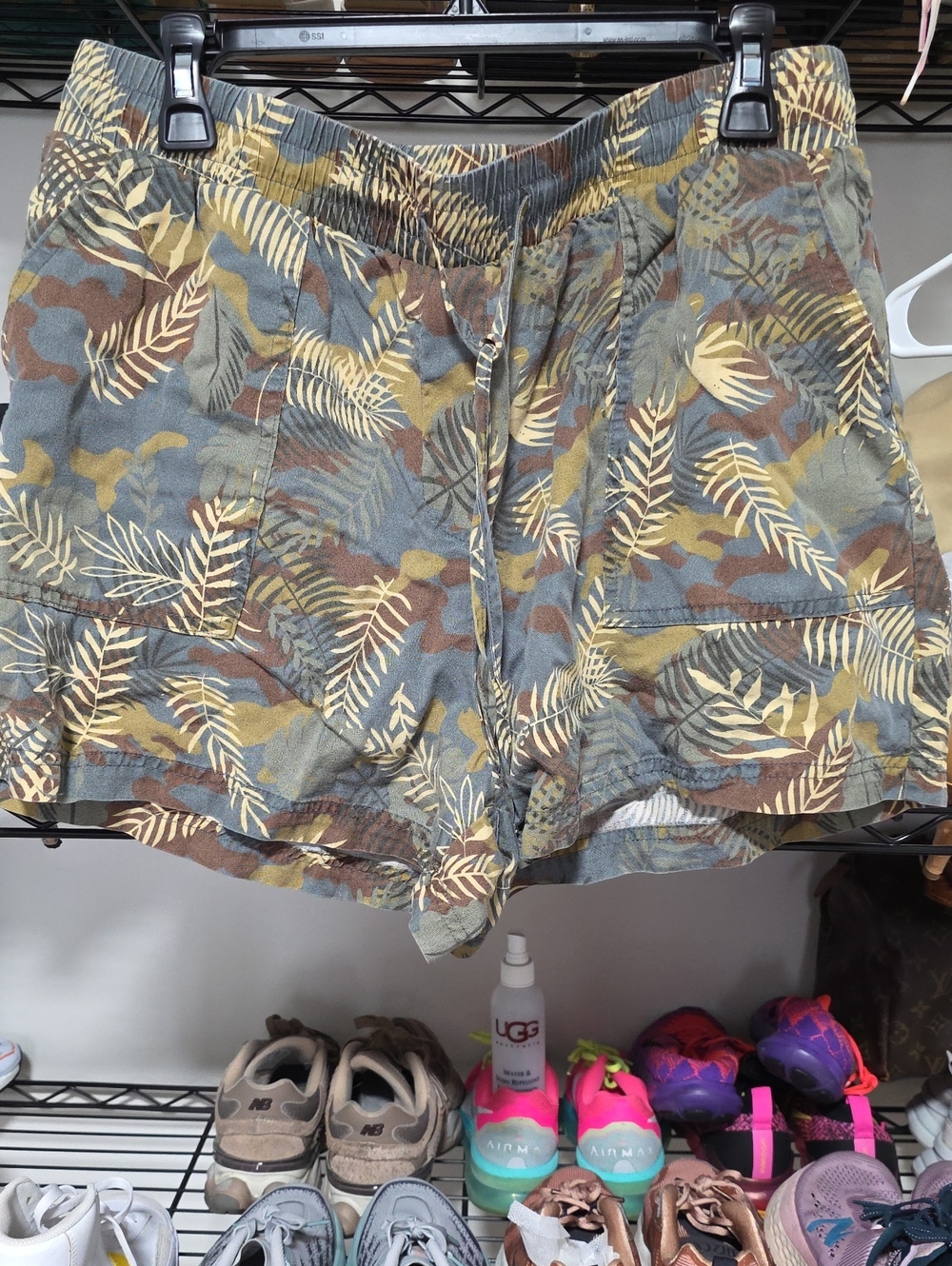 Leaf-Print Athletic Shorts in Olive and Brown